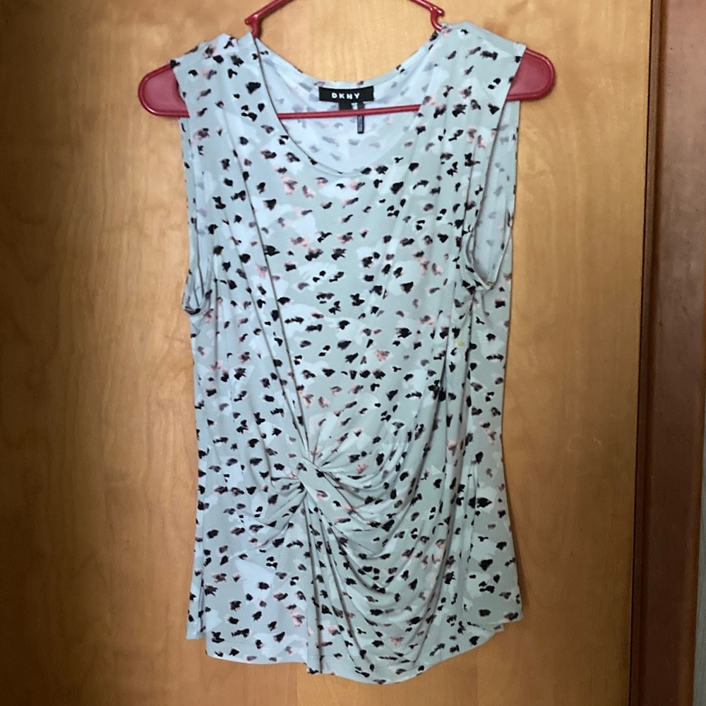 DKNY Women's Tank Top - Sky Blue with Black and Pink Patterns